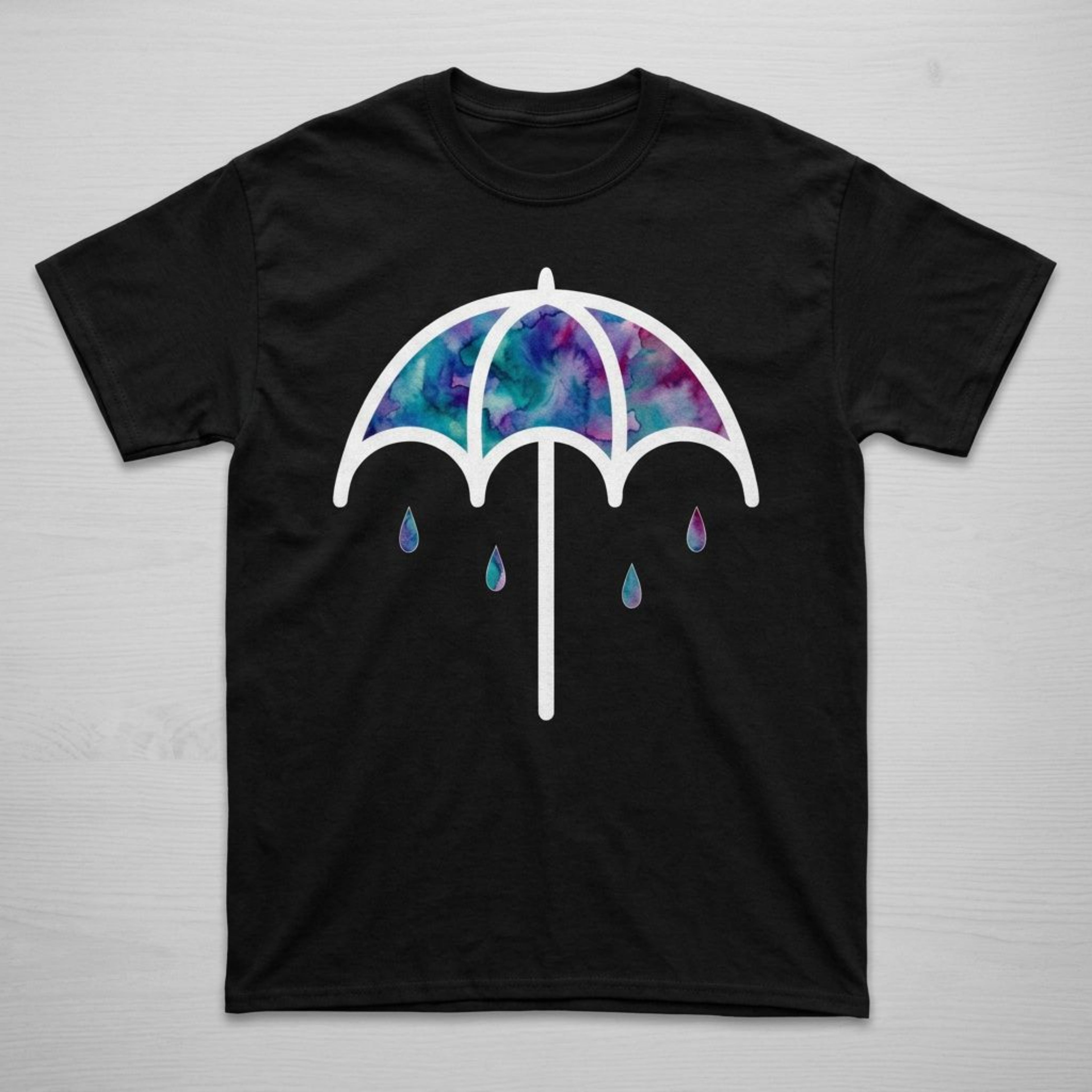 Watercolor Umbrella Graphic Tee — Black | Gildan 5000