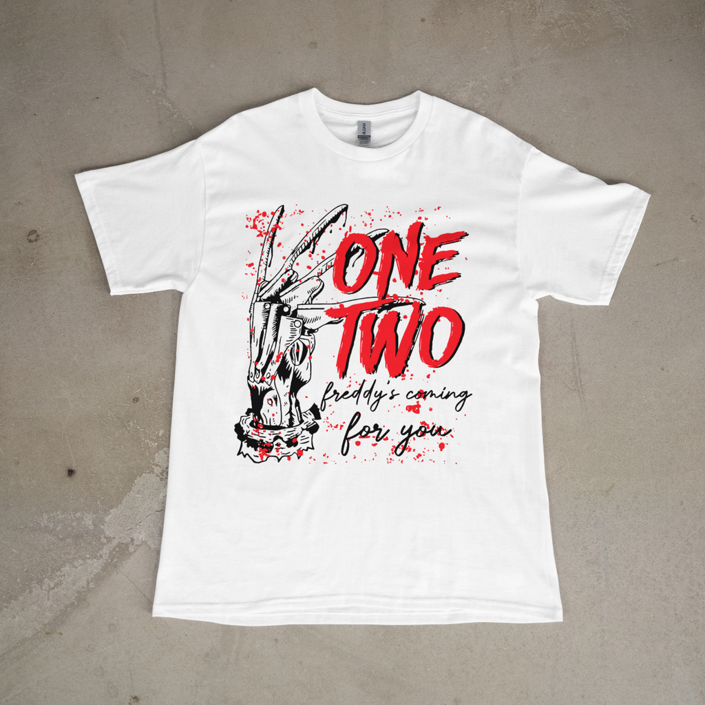 One Two Freddy's Coming For You — Horror Graphic Tee | White Gildan 5000
