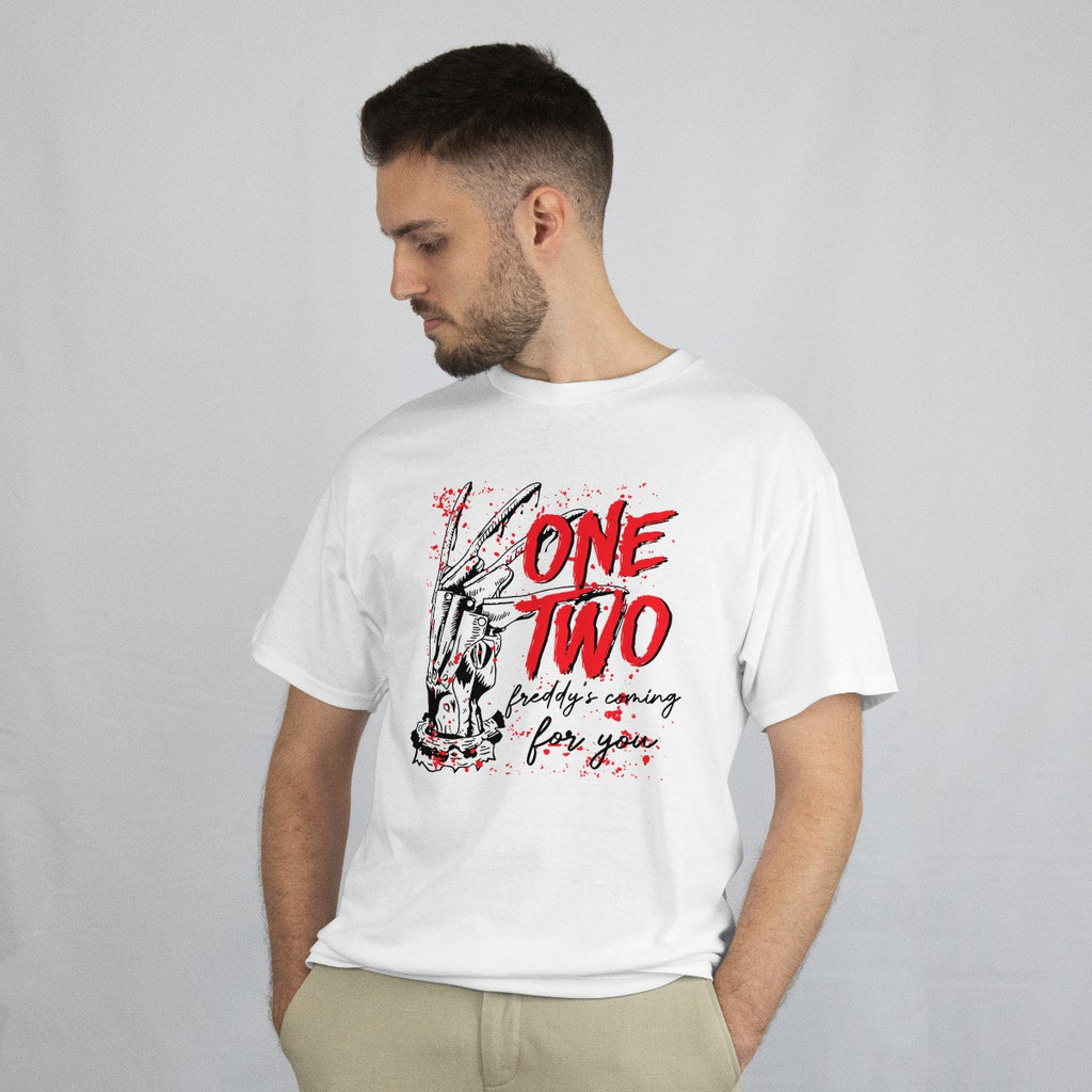 One Two Freddy's Coming For You — Horror Graphic Tee | White Gildan 5000